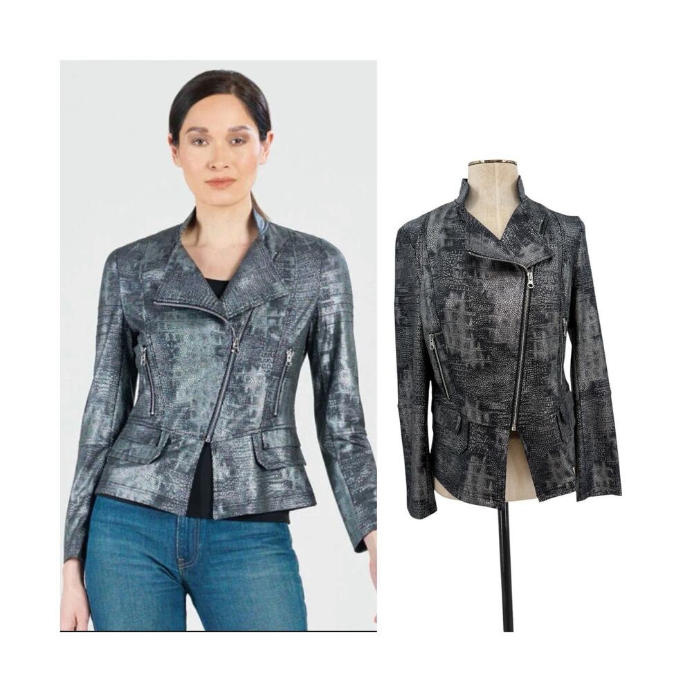 Clara Sunwoo Metallic Liquid Leather Textured Biker Jacket Gunmetal Small